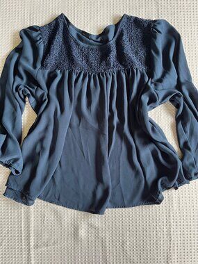 Gap Navy Blue Long Sleeve Lace Yoke Chiffon Blouse XXL
